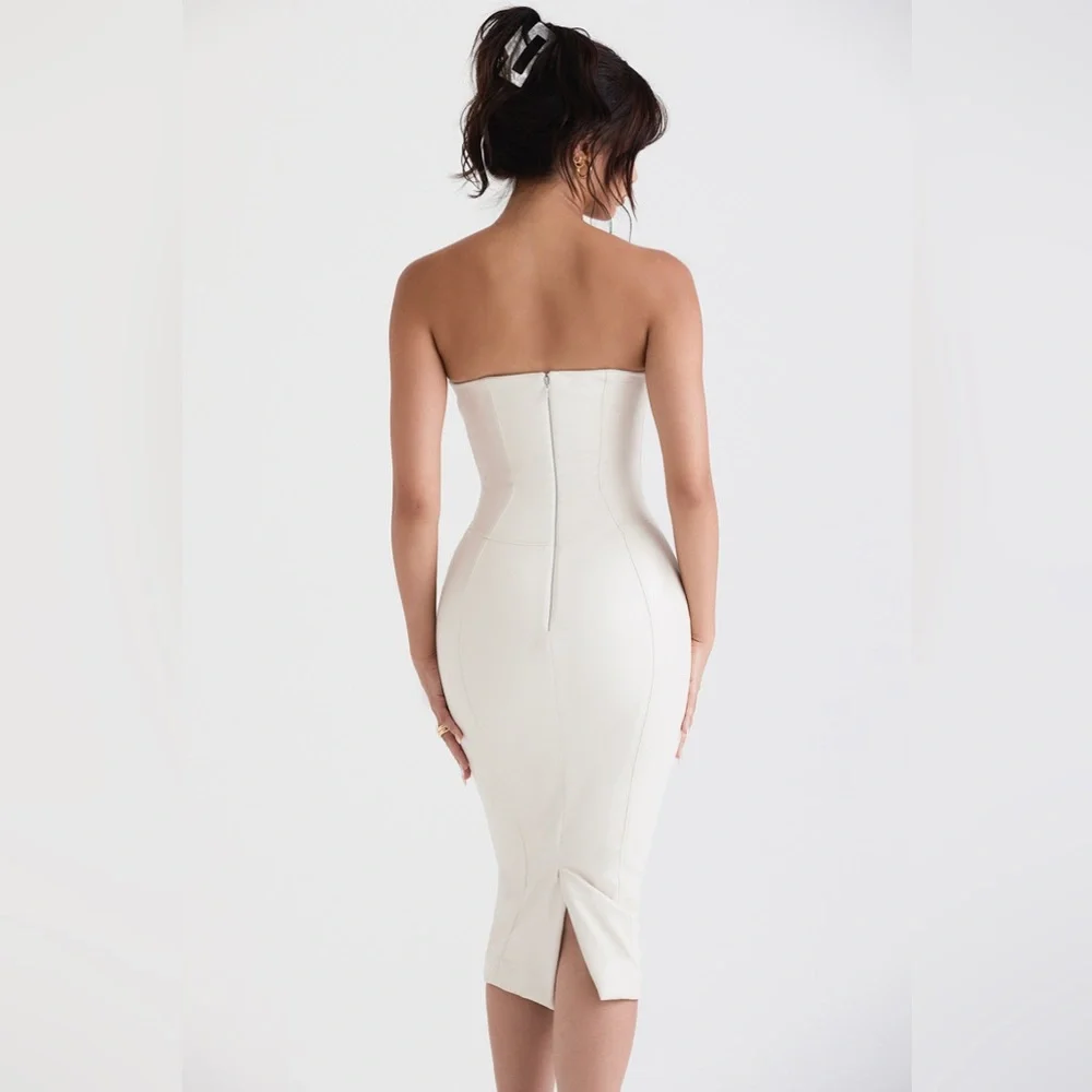 HOUSE OF CB 'Camilla' Ivory Vegan Leather Strapless Dress NWOT - Picture 4 of 15
